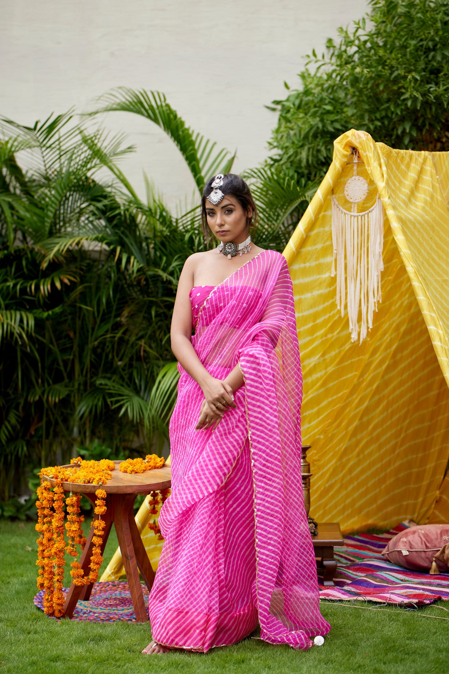 Hot Pink Organza Leheriya Saree-4