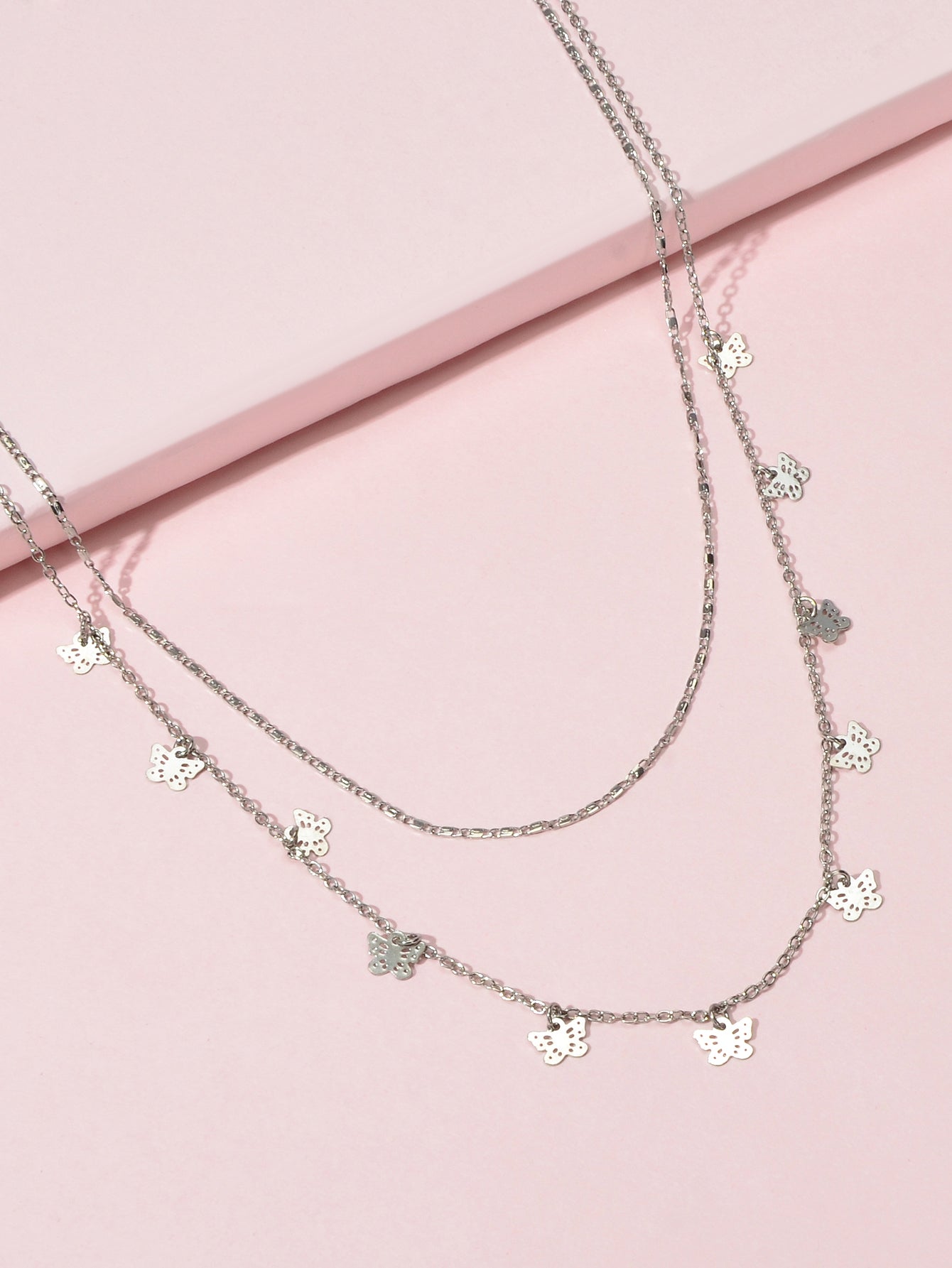 Minimalist Silver Double layer Chain Butterfly Collar Necklace Female Jewellery-2