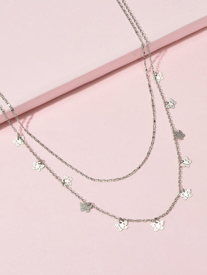 Minimalist Silver Double layer Chain Butterfly Collar Necklace Female Jewellery-2