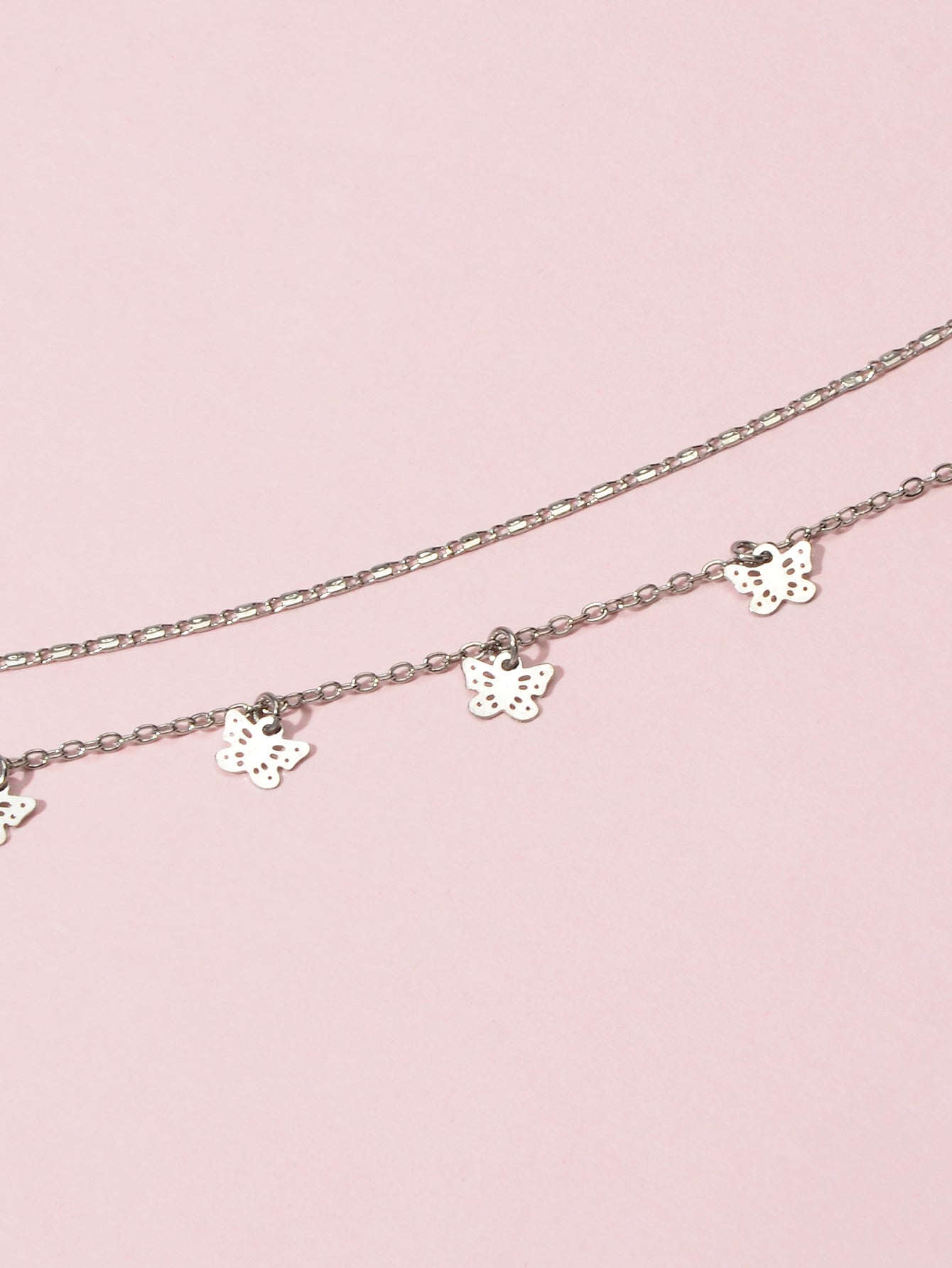 Minimalist Silver Double layer Chain Butterfly Collar Necklace Female Jewellery-3