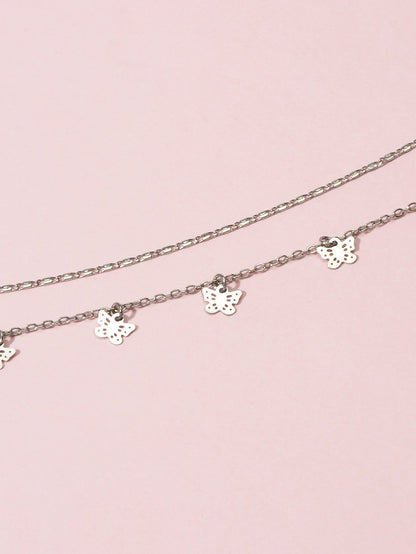 Minimalist Silver Double layer Chain Butterfly Collar Necklace Female Jewellery-3