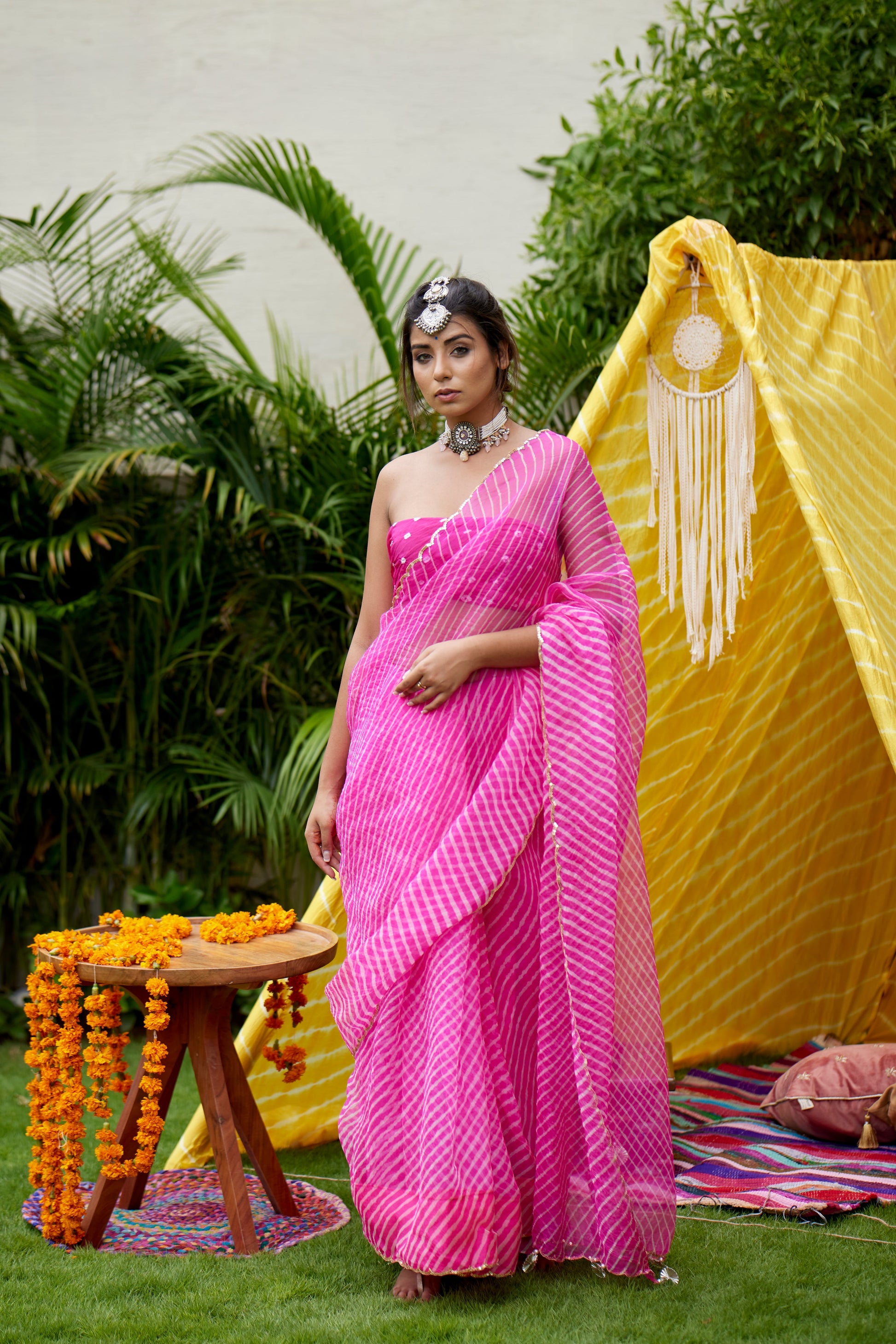 Hot Pink Organza Leheriya Saree-0