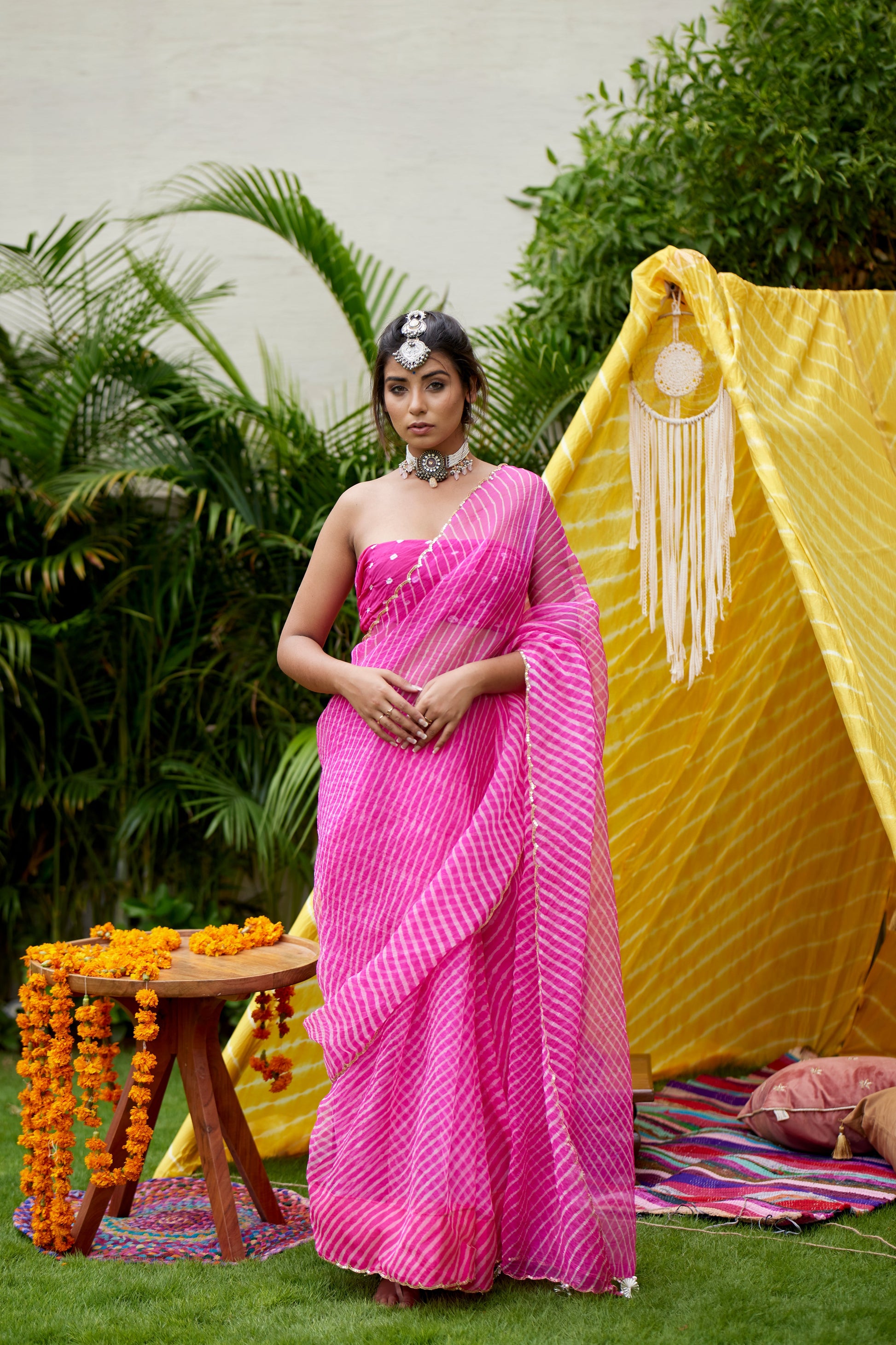 Hot Pink Organza Leheriya Saree-1