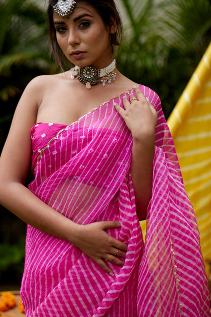 Hot Pink Organza Leheriya Saree-3