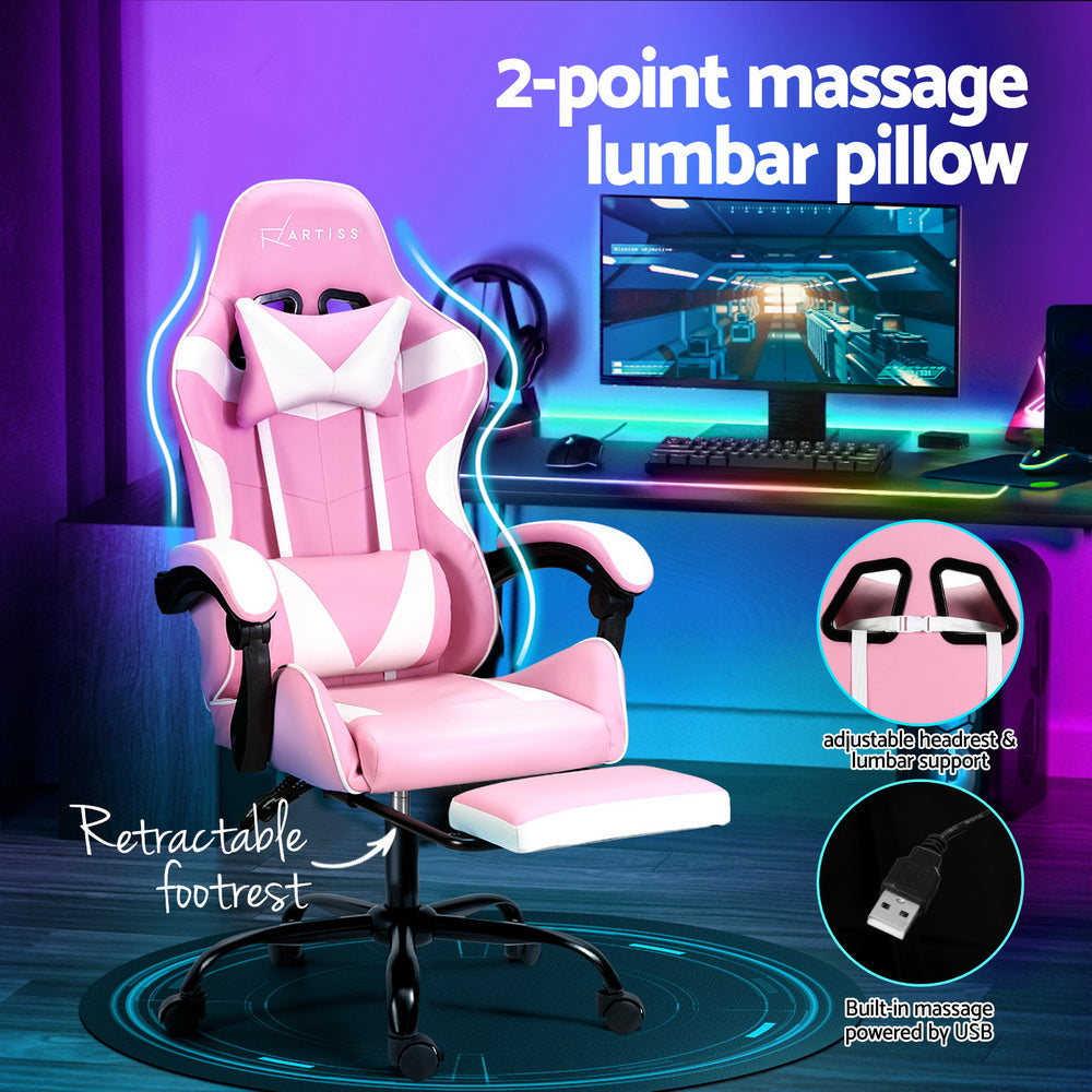 NNEDSZ Artiss 2 Point Massage Gaming Office Chair Footrest Pink-3