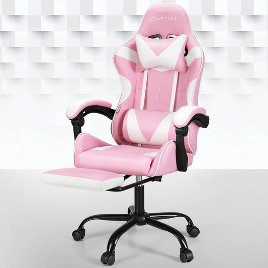 NNEDSZ Artiss 2 Point Massage Gaming Office Chair Footrest Pink-0