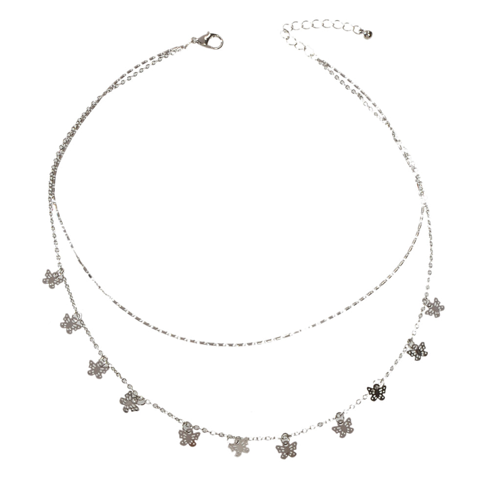 Minimalist Silver Double layer Chain Butterfly Collar Necklace Female Jewellery-4