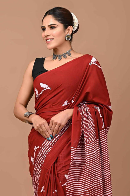 Gulmohar Grace Maroon Mulmul Cotton Saree-3