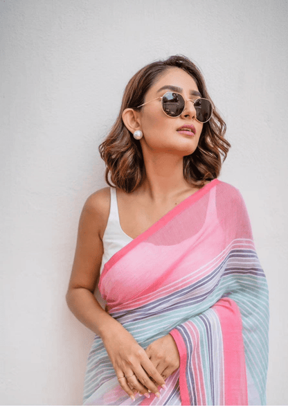 Meharika Pastel Stripe Linen Saree-2