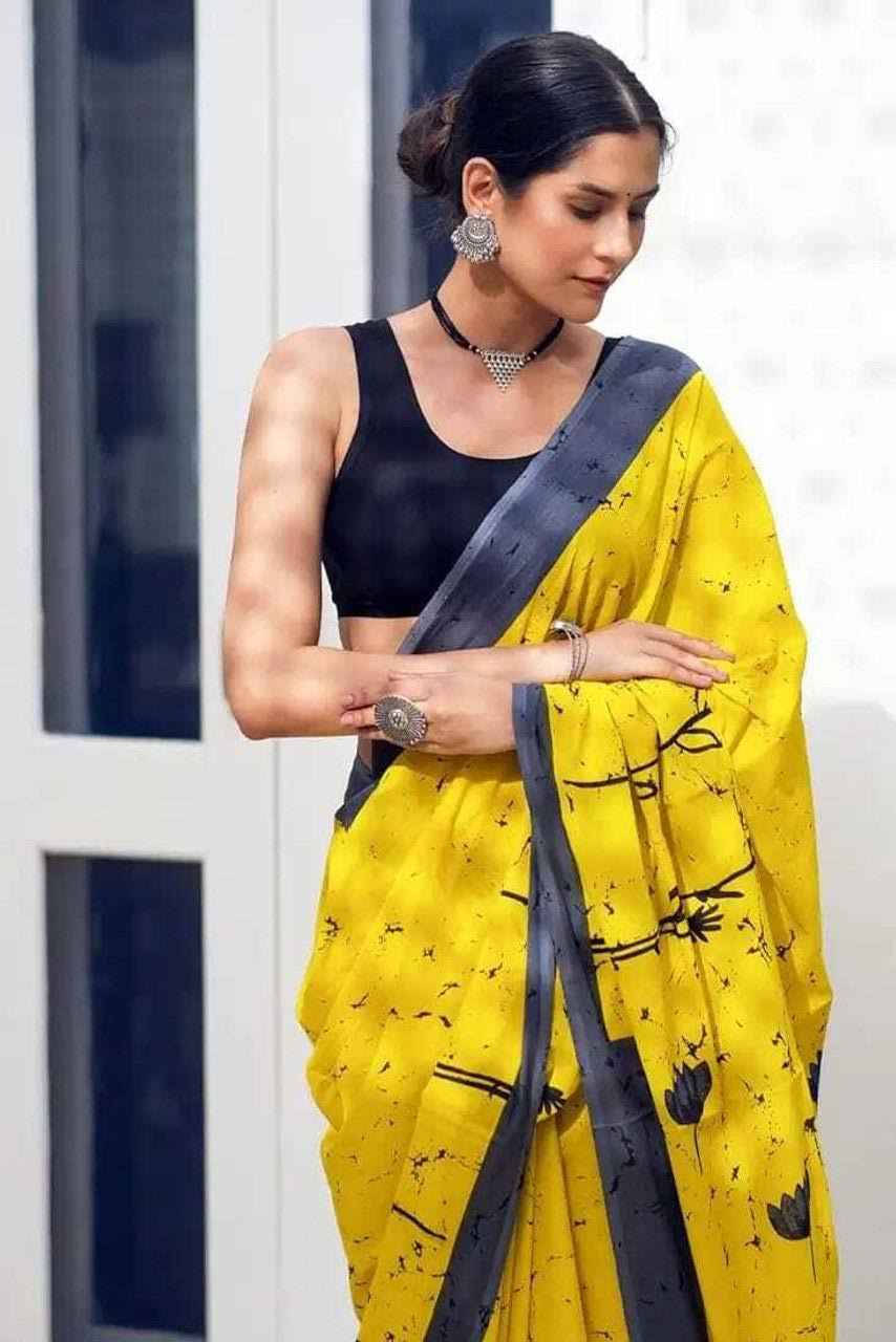 Mustard Bloom Mulmul Cotton Saree-1